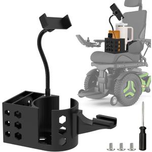Cup Holder for Permobil Power Wheel Chair, 3 in 1 Cup Holder, Phone Holder & Storage Basket Compatible with Permobil Wheelchair with Uni-Track Armrest Such as M300, M3, M1, F3, F5, K300 Ps