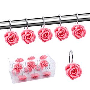 BEAVO Shower Curtain Hooks, Home Decorative Rustproof Shower Curtain Hooks Resin Rose Flower Shower Hooks Rings for Bathroom Shower Rods Curtains,Set of 12 Hooks (Pink)