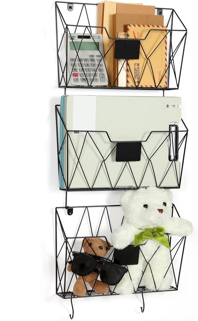 Hanging Wall File Holder Wall Mount Metal Wall File Organizer 3 Pockets Mail Organizer with Hooks for Office Home, Black
