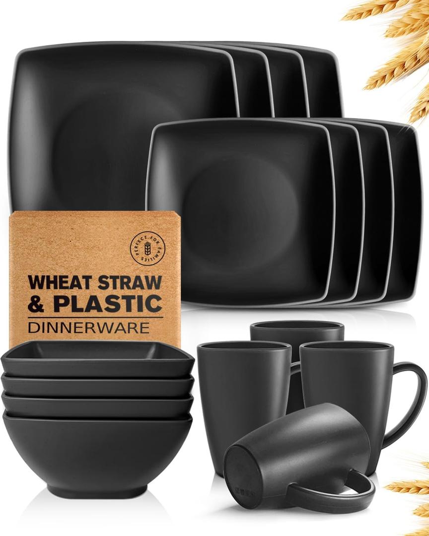 Teivio 16-piece Plastic Wheat Straw Square Dinnerware Set for 4, Unbreakable Dinner Plates, Salad Plates, Snack Bowls, Mugs, Dishwasher Safe, Black