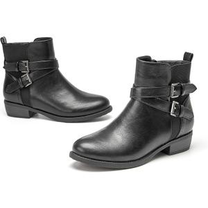 VJH confort Women's Ankle Boots, Round Toe Low Heel Comfort Elastic Booties with Side Zipper Buckle Strap (7.5, Black)