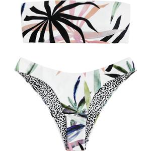 GORGLITTER Women's Strapless Bandeau Swimsuits Tropical High Cut Thong Cheeky Bikini Set Bathing Suit (Multicolor)