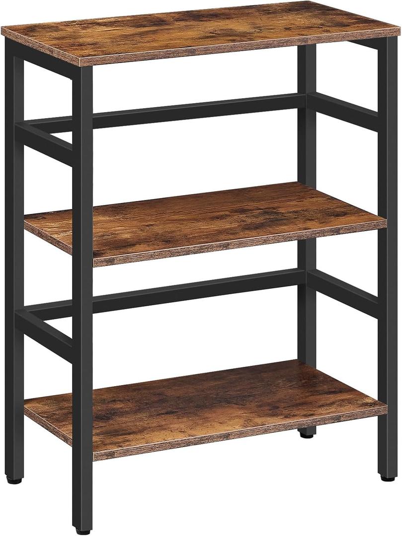 HOOBRO 3 Tier Bookshelf, 23.6" L Industrial Bookcase, Record Storage Rack with Side Fence, Storage Shelf with Metal Frame, Rustic Open Display Shelf for Living Room, Bedroom, Rustic Brown BF86CJ01G1