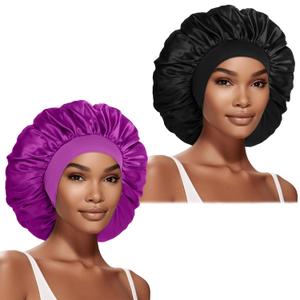 2 Pcs Extra Large Satin Hair Bonnet for Sleeping Cap 17 inches Jumbo Silk Sleep Bonnet for Women (Black & Purple)