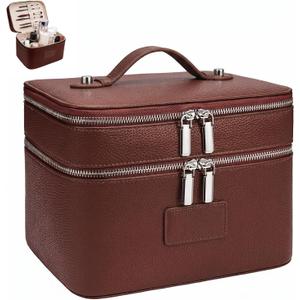 Makeup Case, Large Capacity Leather Makeup Bag for Women,Large Capacity Waterproof Double Leather Cosmetic Case,Removable Compartment Travel Organizer Brown (9.8x7x7.3in)