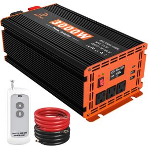 3000W Power Inverter 12V DC to 110V/120V AC Converter for RV/Truck/Boat/Camping/Off-Grid Solar Car Power Inverter Peak Power 6000W with 3 AC Outlets,USB & Type-C Port, Remote Controller & LCD Screen