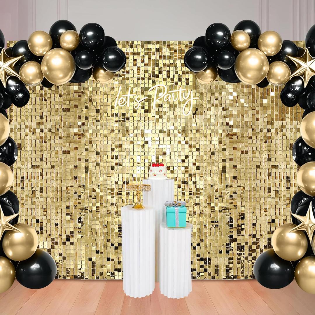 48 Pcs Light Gold Shimmer Wall Backdrop Panels for Birthday Decorations, 8x6 FT Dynamic Square Sequin Backdrop for Engagement Wedding Disco Prom Baby Shower Graduation Party Decor Supplies (Light Gold)