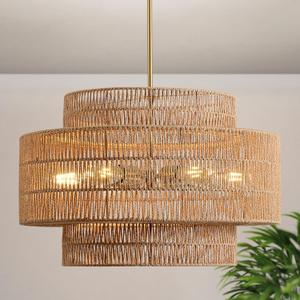 24 Boho Large Rattan Chandelier Light Fixture,6-Light Large Hand Woven Pendant Light Fixture Farmhouse Rustic Chandeliers for Kitchen Bedroom, Dining Room, Living Room, Hallway, Foyer