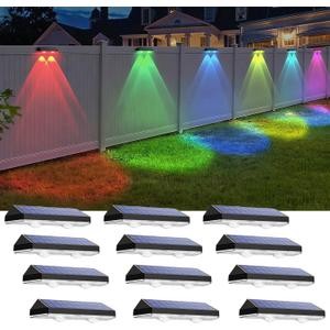 Solar Fence Lights Outdoor - Warm White & RGB 6 Color, Dusk to Dawn Solar Deck Light, Solar Lights Outdoor IP65 Waterproof, Garden Lights for Outside/Backyard/Railing/Step/Patio/Wall (12 pack)