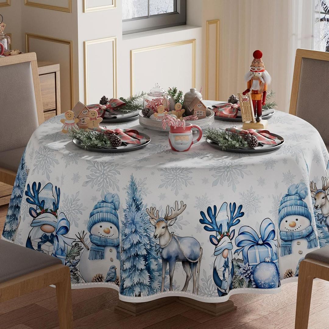 XCHI Snowman Deer Tree Winter Tablecloth Round Christmas Table Cloth Washable Table Covers for Indoor Dining Home Party Xmas Decorations 70x70 Inch