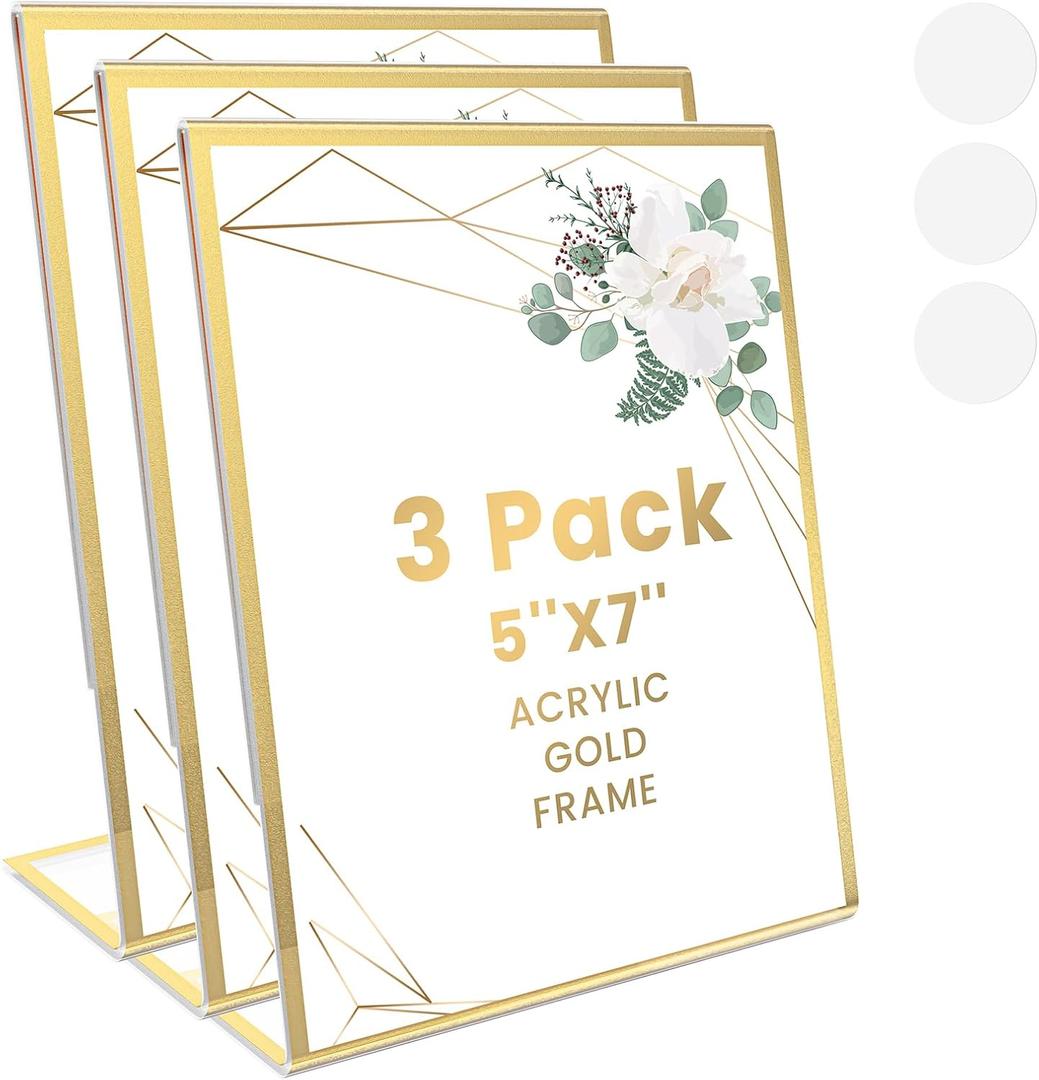 Acrylic Sign Holder 5x7, Slanted Back Gold Picture Frames Flyer Holder Menu Holder for Wedding Table Numbers with Removable Sticky Dots, 3 Pack