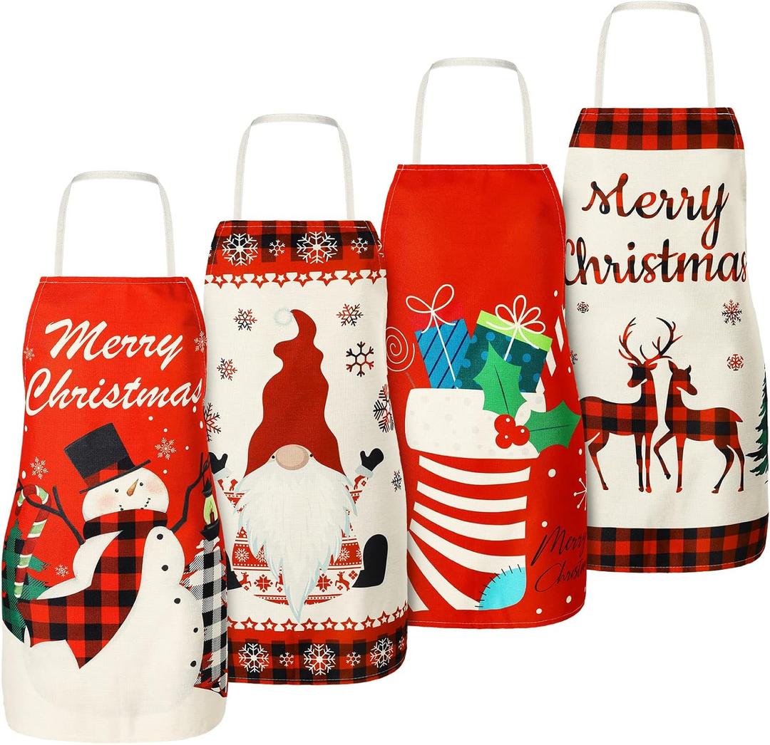 Zhanmai 4 Pieces Christmas Apron for Women Men Adjustable Christmas Kitchen Baking Apron Bib Aprons for Xmas Party Gift