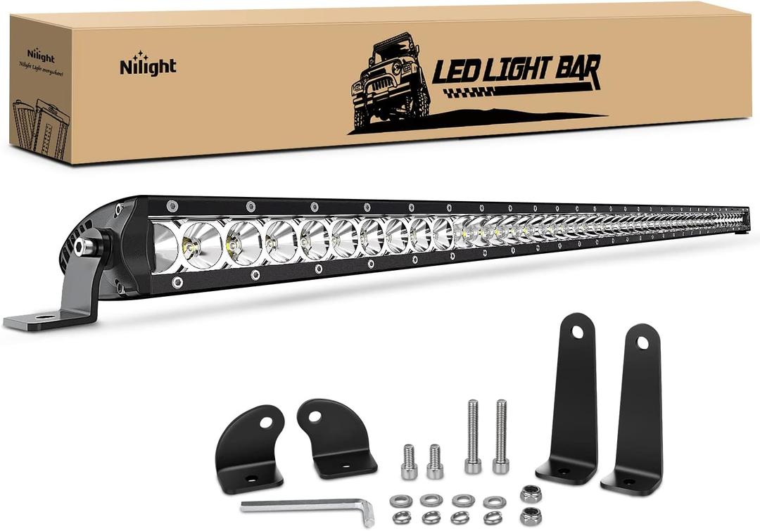 Nilight NI04-200W 1PC LED 41inch 200W Spot Flood Combo Single Row 19000LM Off Road 3D Fog Driving Roof Bumper Light Bars for Jeep Ford Trucks Boat, Black (White)