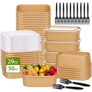 DI QIU REN 50-Pack 29oz Disposable Kraft Paper Bowlswith Lids and Forks, Meal Prep Containers Disposable Food Prep Containers Christmas To Go Take Out Container, Microwave Safe for Hot/Cold Food