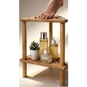 Shower Foot Rest 15in, Shower Stool for Shaving Legs, Waterproof Wood Corner Shower Stool with Storage Shelf for Inside Small Shower Spaces, Bamboo