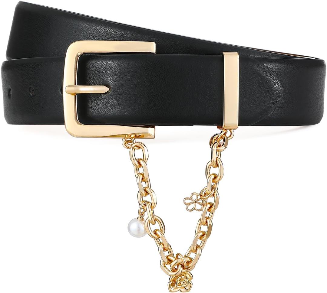 Women's Leather Belt for Jeans Black Belt with Gold Buckle and Chain Fashion Belts for Women
