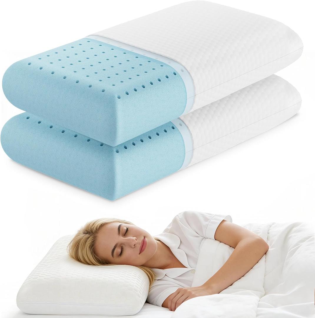 Sweetcrispy Cooling Gel Memory Foam Pillows for Sleeping, Back and Side Sleeper Support, Standard Size-Medium Firm, Bed Pillows for Adults with Washable Cover and Breathable Mesh 2 Pack, White