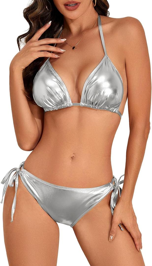 Century Star Women Tie Side Bottom Padded Top Triangle Bikini String Bathing Suit Two Piece Swimsuit (4-6, Silver)