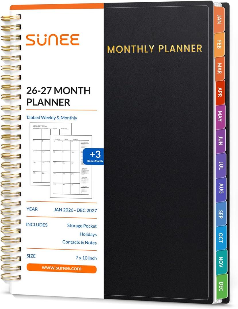 SUNEE Monthly Planner 20262027 (Jan 2026 to Dec 2027)  Large 7" x 10" Organizer with Tabs, Note Pages, 100 GSM Paper, 24-Month Calendar, Spiral Bound for Office, School, Women, Men, Black