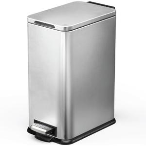 Home Zone Living 4 Gallon Slim Kitchen Trash Can with Soft Close Lid and Step Pedal, Stainless Steel Wastebasket with Removable Liner, Silver