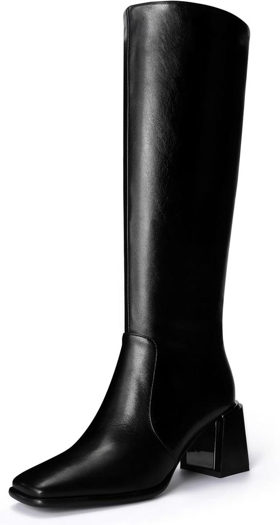 Women's Knee High Boots Block Metal Heel Square Toe Side Zipper Soft PU Leather Classic Fashion Dress Long Boots (Black)