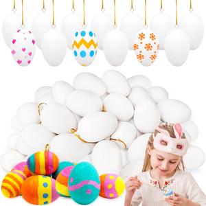 Qyyiguf 80 Pcs White Plastic Eggs,Blank Easter Egg,Fake Eggs with Gold Hanging Ribbon,Artificial Chicken Eggs for DIY Crafts,Kids,Painting,Party,Home Decor