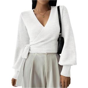 SOLY HUX Women's Long Sleeve V Neck Wrap Belted Sweater Elegant Office Knitted Crop Tops Fall Outfits (Medium, Plain White)