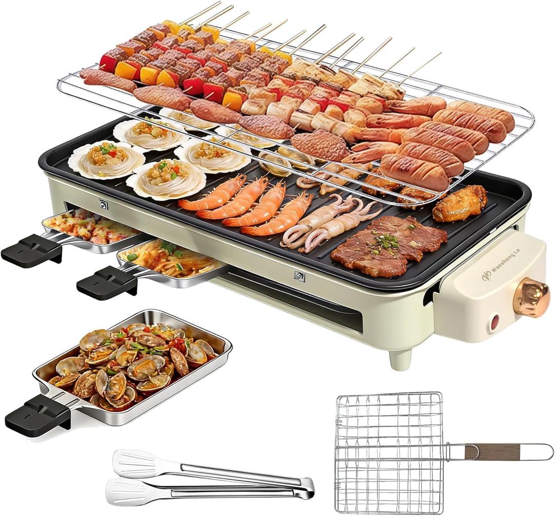 1500W Smokeless Electric Indoor Grill, 3 in 1 Korean Barbecue Grill with Net & Non-Stick Removable Plate and Velcro, Temperature Control & Dishwasher Safe, Smokeless Korean BBQ for Kitchen Party