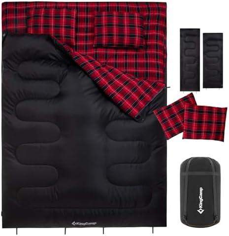 KingCamp Double Sleeping Bag for Adults, Queen Size 2 Person XXL Flannel Sleeping Bag, Waterproof Lightweight Flannel Quilt with 2 Pillows, Perfect for Couples Family Camping Hiking, Black and Grey Color