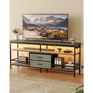 63 Inch TV Stand, Entertainment Center for 55 to 75 Inch TVs with LED Lights Removable Charging Station, Modern Media Console Table with Open Storage Shelves Fabric Drawers, Black Black 63in
