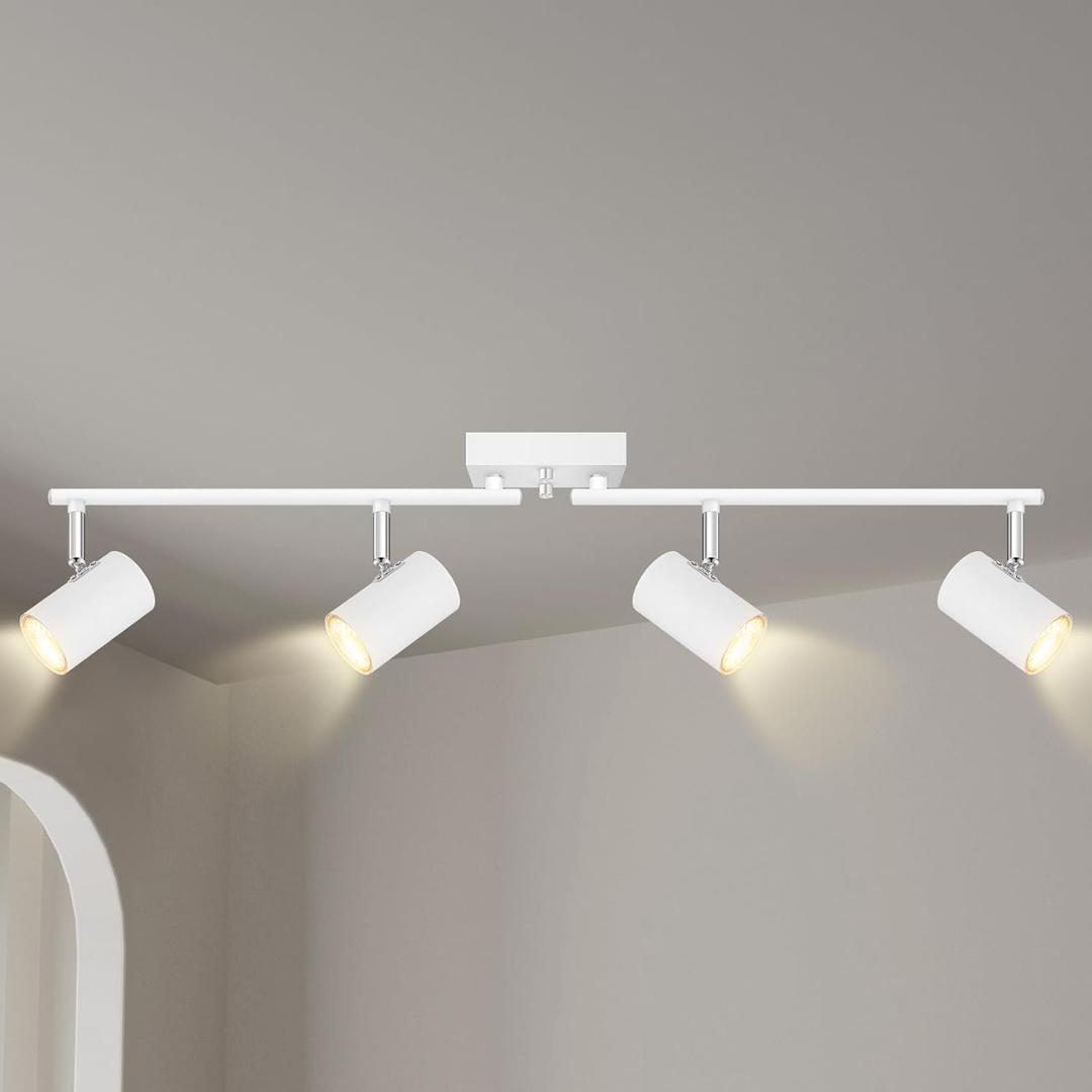 AUQUEE 4 Light Track Lighting Fixtures Ceiling, Matte White Track Lights Ceiling with Flexibly Rotatable Light Heads, Modern LED Track Light kit for Kitchen/Hallway, GU10 Bulb Not Included