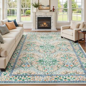 Lofus 9x12 Floral Living Room Rug, Washable Large Area Rugs Non Slip Low Pile, Boho Carpet for Kitchen Bedroom Dining Room Home Office, Vintage Farmhouse Forest-Themed Area Rugs, White Green Orange