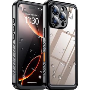 Temdan Compatible with iPhone 16 Pro Max Case Waterproof, Built-in Screen & Camera Protector IP68 Underwater Full Body 16FT Military Dropproof Shockproof Phone Case 6.9"-Black/Clear