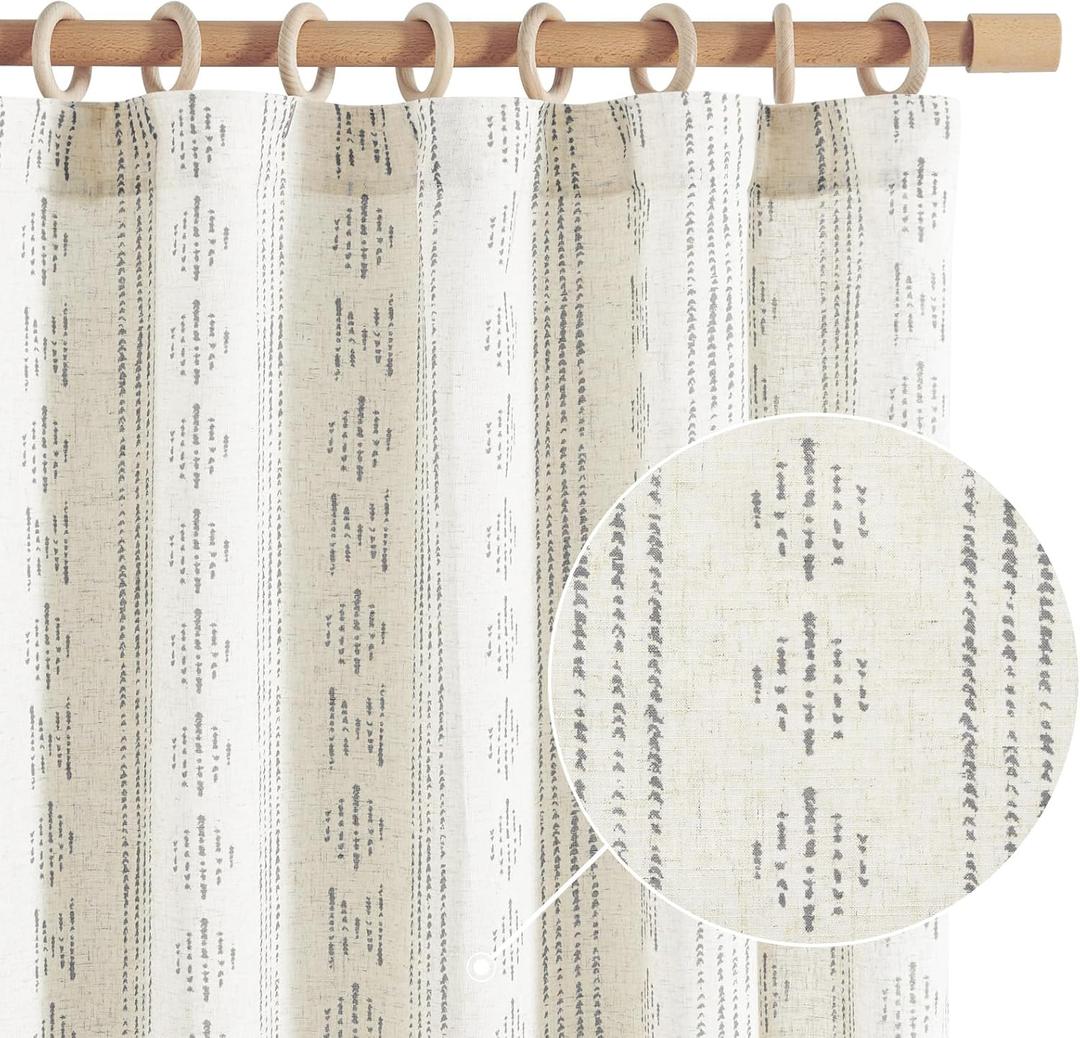 jinchan Boho Curtains Linen Blend Curtain for Living Room Farmhouse Grey Curtains 108 Inches Long 2 Panels for Bedroom Light Filtering Window Drapes Rod Pocket Grey on Beige (Back Tab| Grey on Flax), Size: 50"W x 108"L