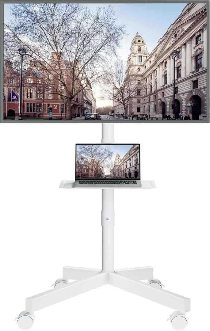 BONTEC Mobile TV Stand with Tilt, Rolling TV Stand on Wheels for 2365 Inch LED LCD TVs, Portable TV Cart with Adjustable Media Shelf for Living Room, Bedroom, Holds 88 lbs, Max VESA 400x400mm, White