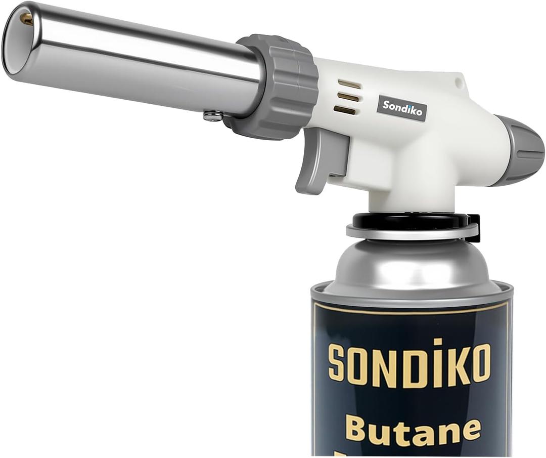 Sondiko Dual Flame Mode Butane Torch Lighter Head, Professional Grilling Tool with Adjustable Flame, Reverse Use for BBQ, Soldering, Charcoal&Campfire Torch Lighter(Fuel Not Included) (Gray&white)