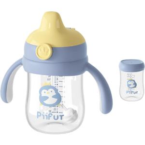 Piifur Tritan Sippy Cup with Storage Lid for 6-18 Months Leak Proof, Weighted Straw Learner Cup with Handle for Baby 8 Ounce (Blue)