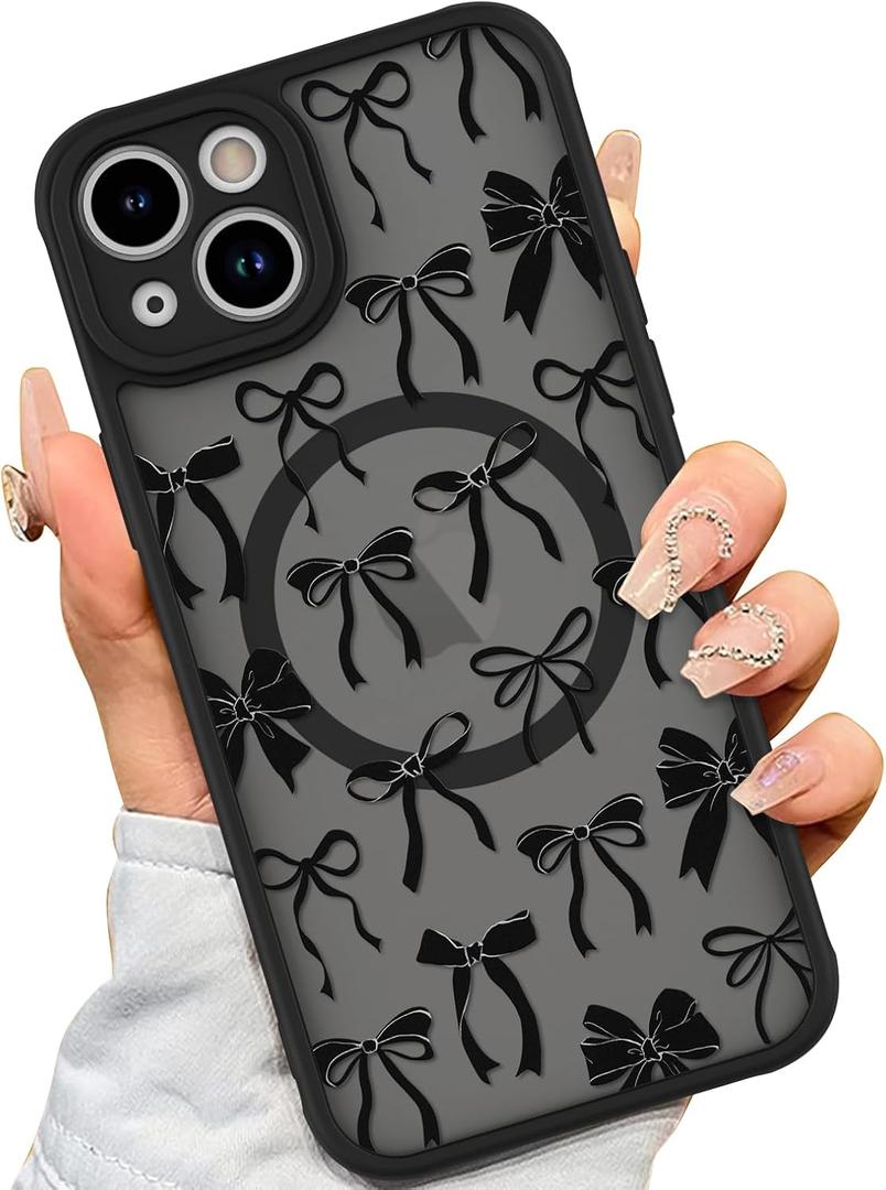 AIGOMARA Case for iPhone 14 Plus [Compatible with MagSafe] Black Ribbon Bow Pattern Design Soft TPU Bumper Hard PC Back Anti-Fall Shockproof Protective Slim Magnetic Cover for Women Girls