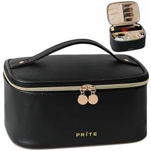 Prite Makeup Bag Portable Cosmetic Organizer with Brush Holder Waterproof Travel Toiletry Bag for Women with Handle and Divider (Black)