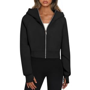 Trendy Queen Womens Zip Up Hoodies Jackets Cropped Sweatshirts Fleece Fall Outfits Casual Comfy Y2k Tops Winter Clothes 2026 (Large, Black)