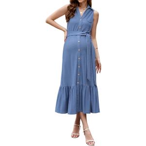 OUGES Womens 2025 Spring Maternity Dress Polo V Neck Sleeveless Ruffle Button Pregnancy Casual Work Dress with Pockets (X-Large, Light Blue)