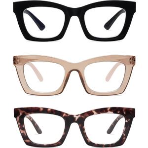 AMOMOMA Trendy Oversized Blue Light Stylish Readers for Women,Retro Square Cute Sturdy Computer Womens Reading Glasses AM6042 (C5 Black+c6.brown+c8.purple Tortoise)
