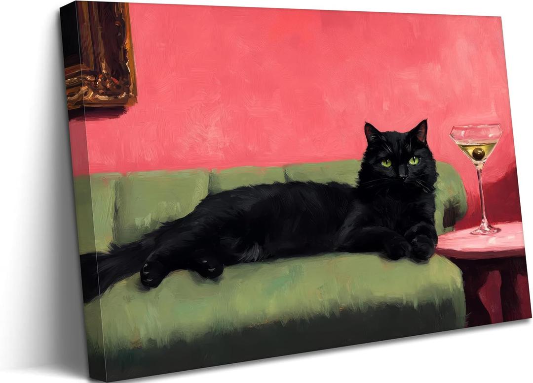 CCZ Framed Funny Black Cat With Martini Canvas Wall Art Cocktail Bar Cart Painting Picture Wall Decor Quirky Whimsical Eclectic Bar Decor Poster Print Artwork for Bar Kitchen Bathroom Bedroom (16"L x 12"W)
