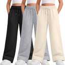 3 Packs Teen Girls Sweatpants Wide Leg Drawstring Baggy Pants Straight Leg Athletic Trousers with Pockets Size 5-14 (11-12 Years, Beige Apricot, Light Heather Gray, Black)