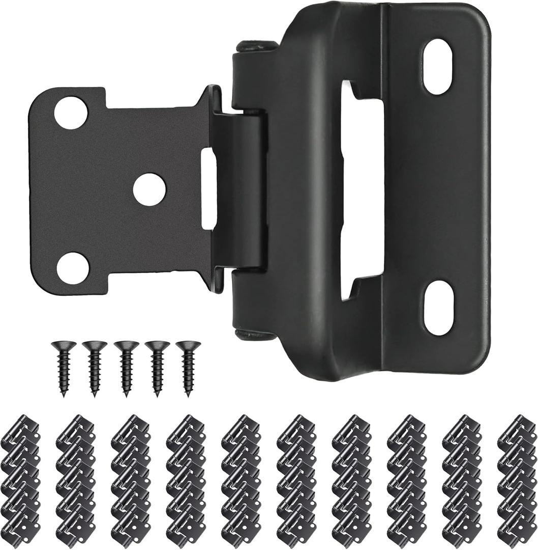 1/2" Partial Overlay Cabinet Hinges,(25 Pairs -50 Pack) Matte Black Partial Wrap Hinge Self Closing Door Hinge for Kitchen Cabinets