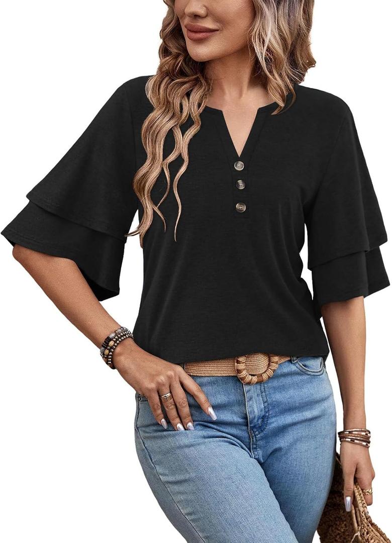 MixShe Tops for Women Split V Neck Button Ruffle Sleeve Casual Summer Lightweight Blouses (Large, Black)