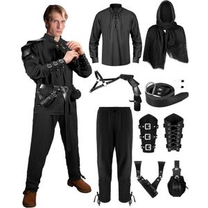 Panitay 8 Pcs Men's Renaissance Costume Set Halloween Medieval Viking Shirt Pant Belt Cape Bracer Sword Bag (Black), S Panitay 8 Pcs Men's Renaissance Costume Set Halloween Medieval Viking Shirt Pant Belt Cape Bracer Sword Bag (Black), S