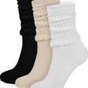 BomKinta Crew Slouch Socks Women - Retro Scrunch Short Sock - Soft Solid Ankle Socks Size 5-11 (Black White Cream -3 Pairs)