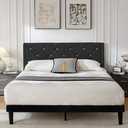 DUMGTIF Full Size Platform Bed Frame with Velvet Upholstered Headboard and Sturdy Wooden Slats Support, Mattress Foundation，Easy Assembly, No Box Spring Needed, Slip Resistant (Black, Full)