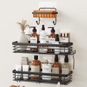 Orimade Adhesive Shower Caddy Soap Dish Holder Shelf with 5 Hooks Bathroom Organizer Basket Kitchen Storage Rack Wall Mounted No Drilling Stainless Steel - 3 Pack, Black